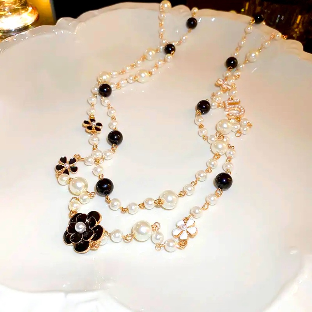 Camellia Necklace Pearls and Enameled White and black Gold Tone Charms